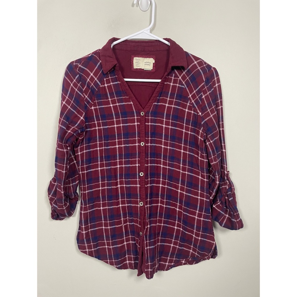 Anthropologie Saturday Sunday Plaid Roll Tab Sleeve Button Down Top Red Size XS